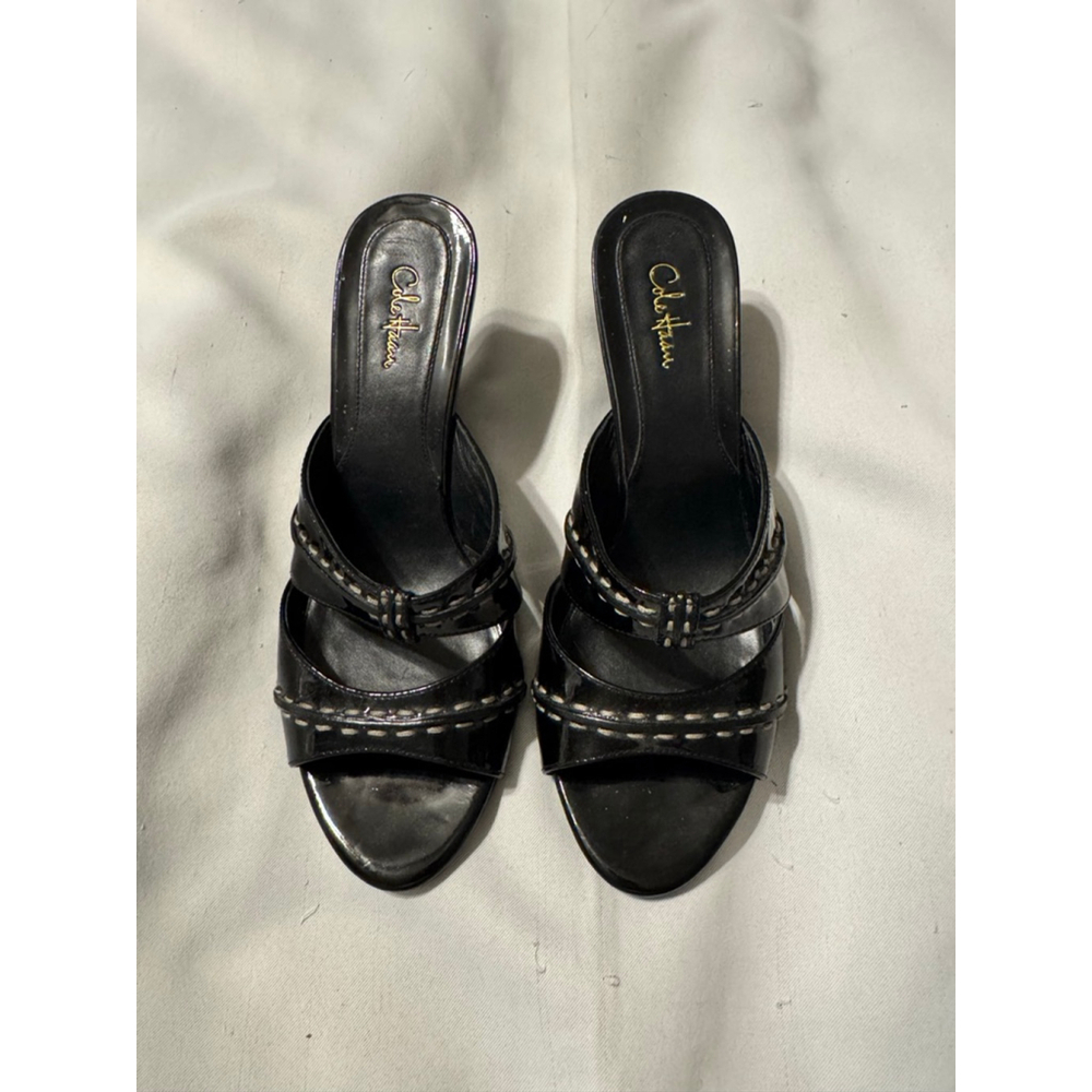 Cole Haan Black Patent Wedge Sandals with White Stitching Size 8.5 - Picture 2 of 5